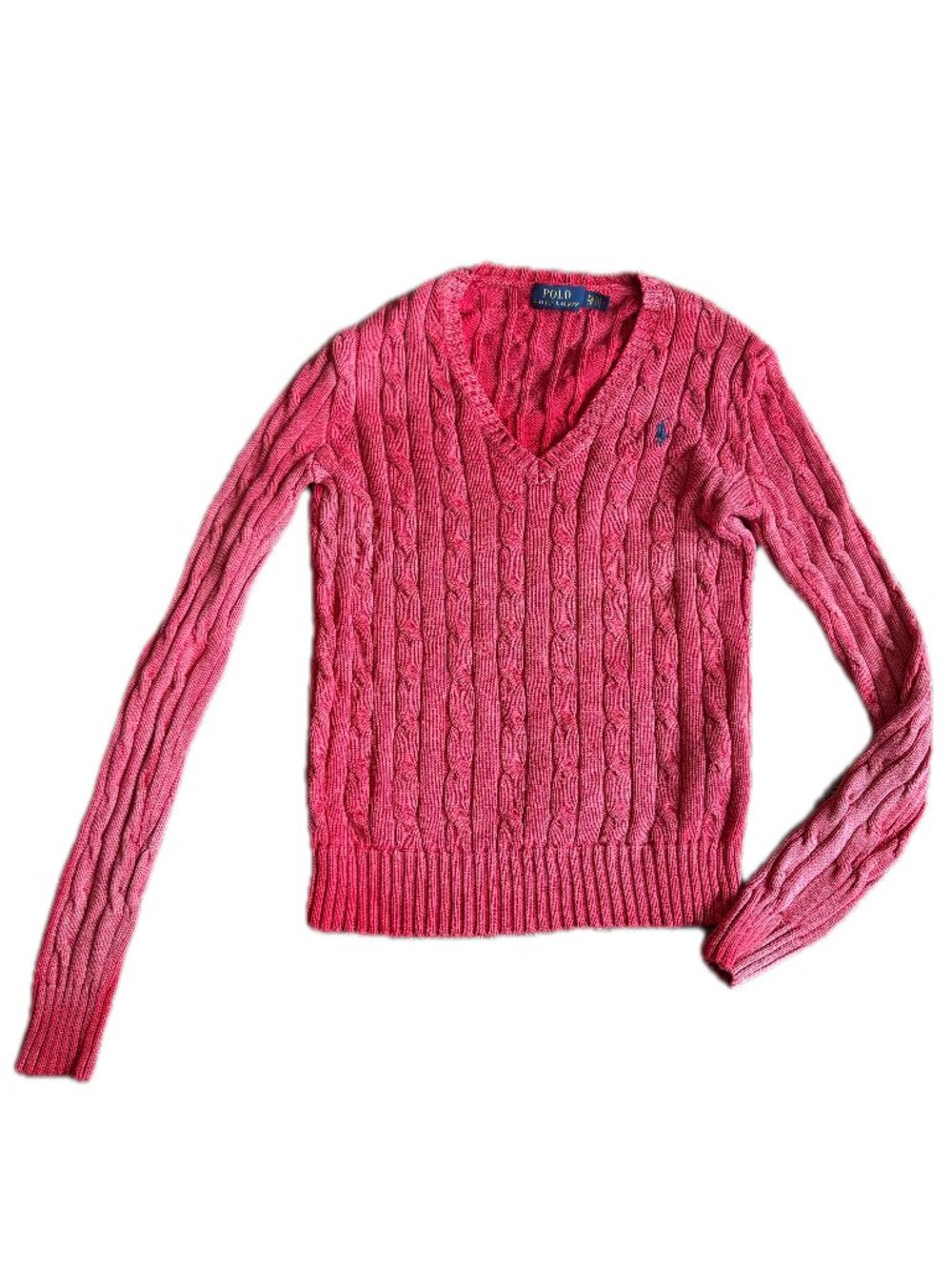 Polo Ralph Lauren Red Cable Knit V Neck Pullover Sweater Cotton X-Small Women's
